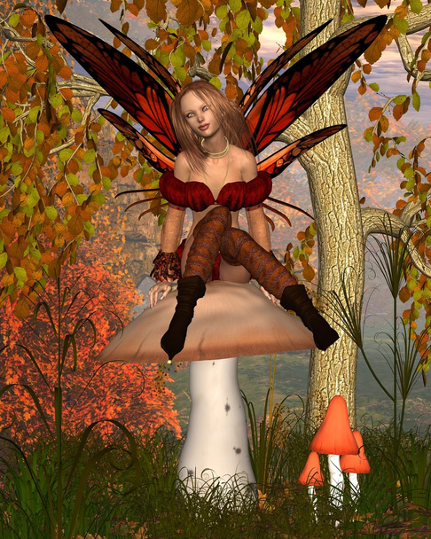 Na podzim víla sedí na Muchomůrka s lesní pozadím - Fotografie, Obrázek