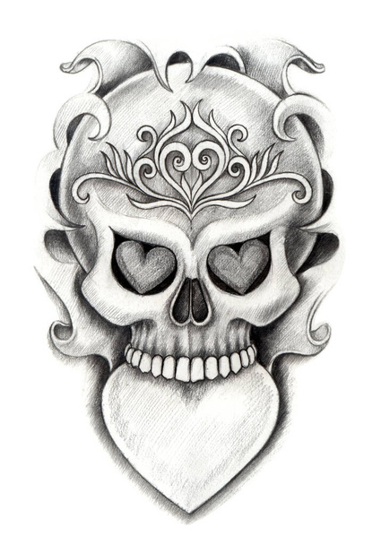Мистецтво сюрреалістичне татуювання черепа серця. Рука малює на папері
. - Фото, зображення