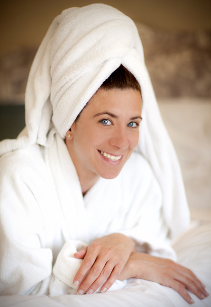 Woman in bath robe - 写真・画像
