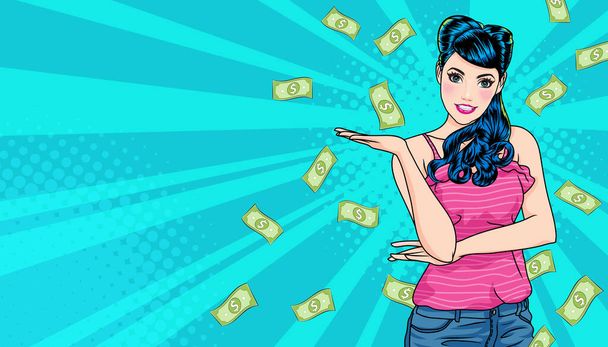 surprise business woman successful and shocking with Falling Money say WOW OMG Pop art retro comic style - Vector, Image