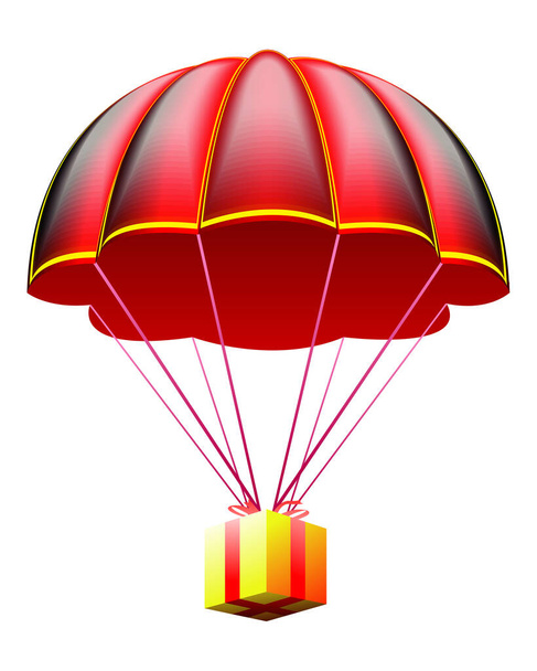 flying parachute isolated on white background. realistic red flying parachute with paper gift boxe. - Wektor, obraz