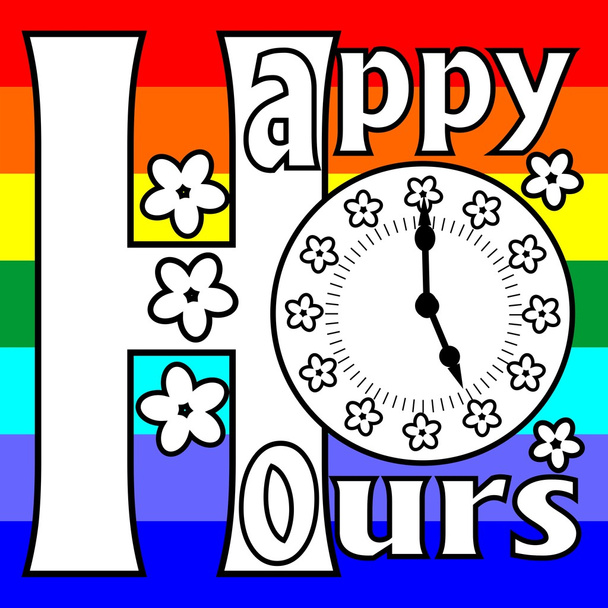Happy hours cartellone con la faccia orologio su uno sfondo arcobaleno
 - Vettoriali, immagini
