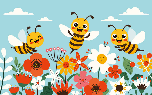 Мультфильм о милых пчелах - Вектор,изображение