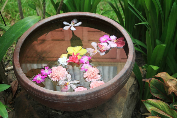 floating flower florals in water basin decorated in garden - Fotó, kép