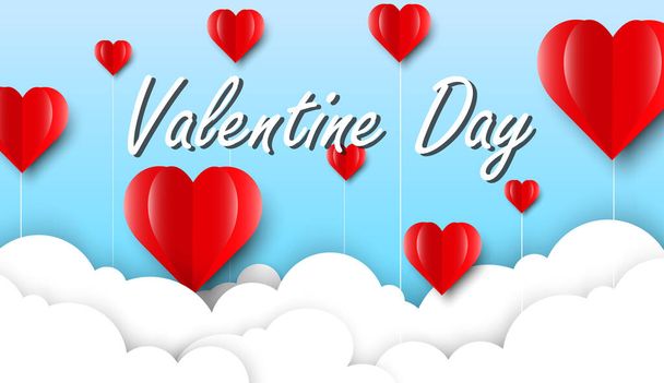Valentines in paper cut style and vector design on blue background Valentine's Day is written with red hearts and white clouds as if floating. - Vector, imagen