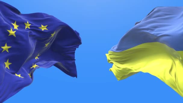 Ukraine and European Union waving flag. Ukrainian symbol. 3d 4k. - Metraje, vídeo