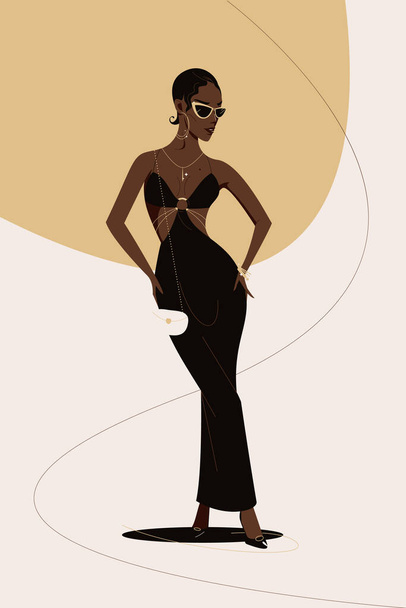Κομψή Αφρο-Αμερικανίδα που ποζάρει με μαύρο φόρεμα και χρυσά κοσμήματα. Μόδα και ομορφιά επίπεδη διανυσματική απεικόνιση σε αφηρημένο φόντο.  - Διάνυσμα, εικόνα