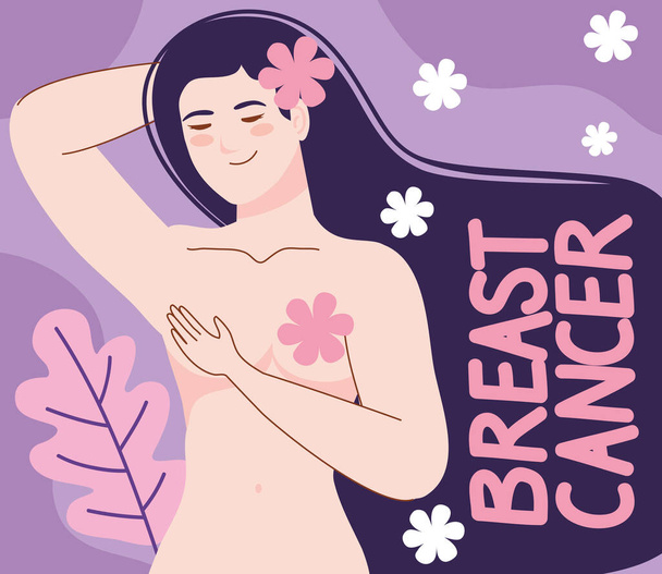 καρτ ποστάλ καρκίνου του μαστού με γυναίκα - Διάνυσμα, εικόνα