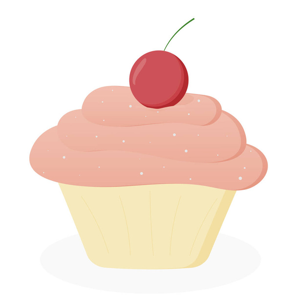 Delicious cupcake with cream and cherry. Dessert vector illustration - Vecteur, image