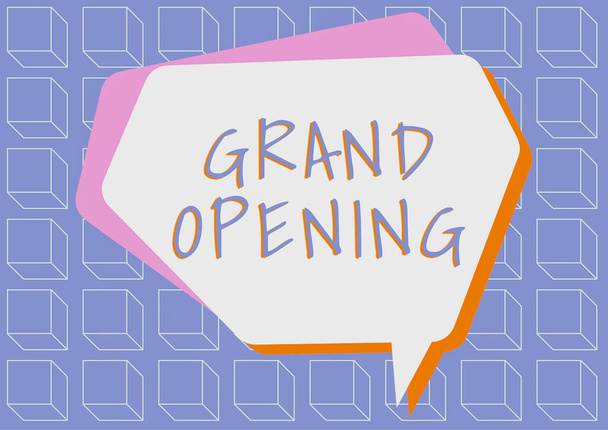 Text showing inspiration Grand Opening, Word Written on Ribbon Cutting New Business First Official Day Launching Thought Bubble And Cubic Shapes Background Design Representing Messaging. - Photo, image