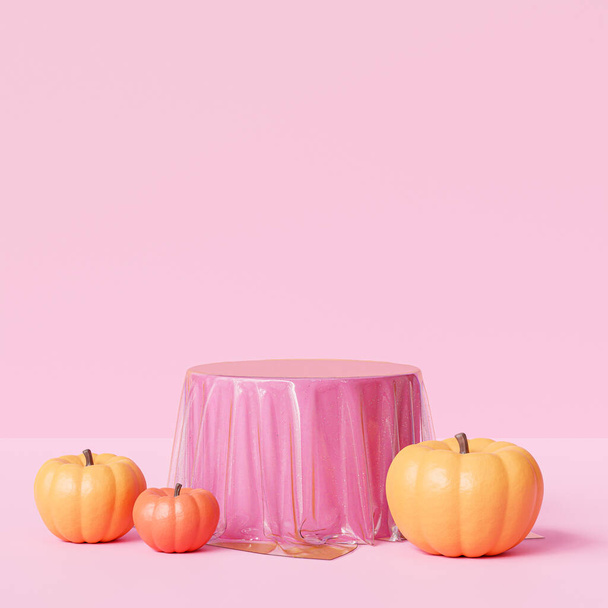 Pumpkins near to podium, abstract background for advertising on autumn holidays or sales, 3d render - Valokuva, kuva