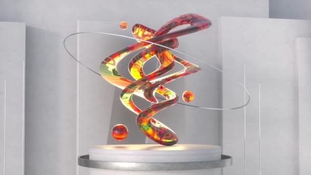 Бесконечная трехмерная анимационная петля красочной абстрактной скульптуры, установленная на круглом пьедестале возле белых стен в футуристическом музее. Концепция NFT и криптографического искусства - Кадры, видео