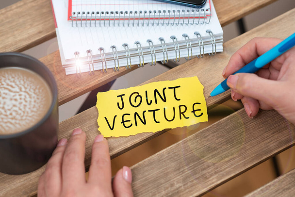 Text sign showing Joint Venture, Business overview Collaboration Arrangement Parties Partnership Team Businesswoman Holding Pen And Pointing On Important Message. - Foto, immagini
