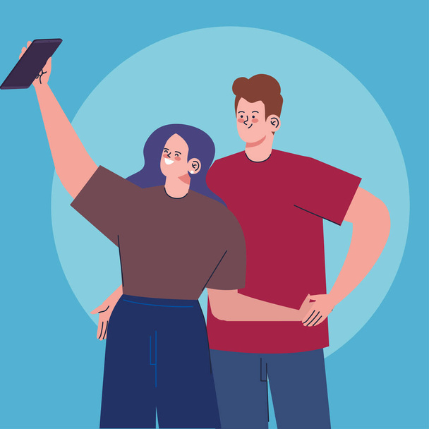 happy couple taking selfie characters - Wektor, obraz