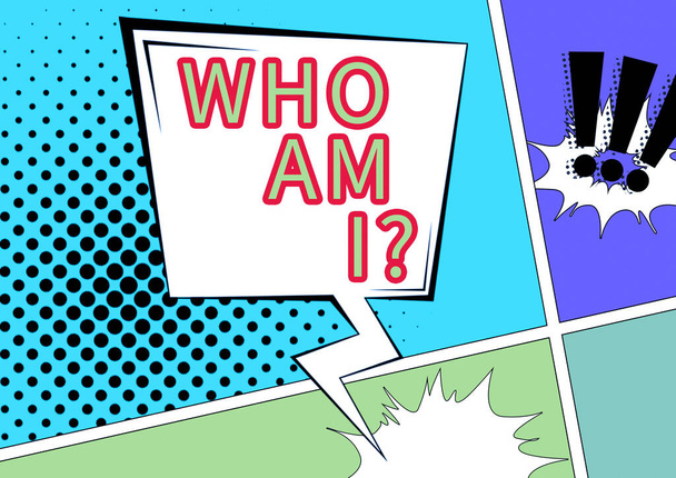 Handwriting text Who Am I, Concept meaning Introduce Identify yourself personality likes dislikes profile Blank Thunderstorm Speech Bubble With Copy Space For Branding. - Foto, Imagen