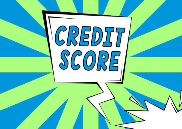 Text showing inspiration Credit Score, Business showcase Represent the creditworthiness of an individual Lenders rating Blank Thunderstorm Speech Bubble With Copy Space For Branding. - 写真・画像