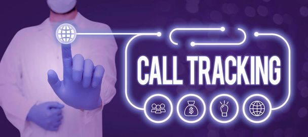 Text sign showing Call Tracking, Conceptual photo Organic search engine Digital advertising Conversion indicator Doctor Holding Pen And Presenting Crutial Ideas In Futuristic Frame. - 写真・画像
