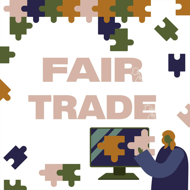 Handwriting text Fair Trade, Business overview Small increase by a manufacturer what they paid to a producer Lady Holding Puzzle Piece Representing Innovative Problem Solving Ideas. - Foto, imagen