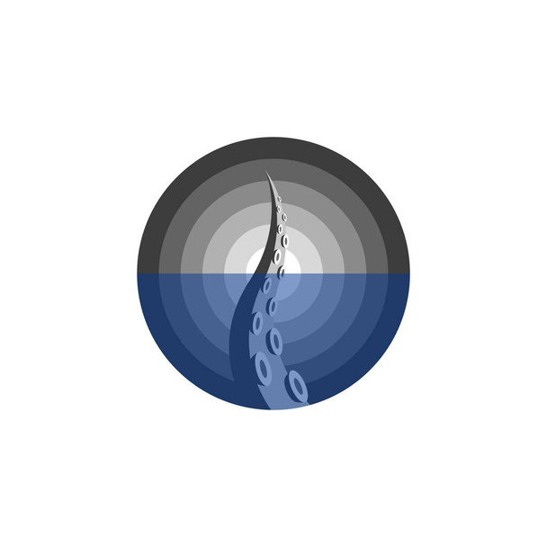 Ένα πλοκάμι χταποδιού είναι ένα στρογγυλό λογότυπο, ένα κεφαλόποδο με κορόιδα να κρυφοκοιτάνε κάτω από το νερό. Υποβρύχια θάλασσα τέρας kraken από Νορβηγικούς μύθους μικροσκοπική απεικόνιση των ζώων σε σχήμα κύκλου. - Διάνυσμα, εικόνα