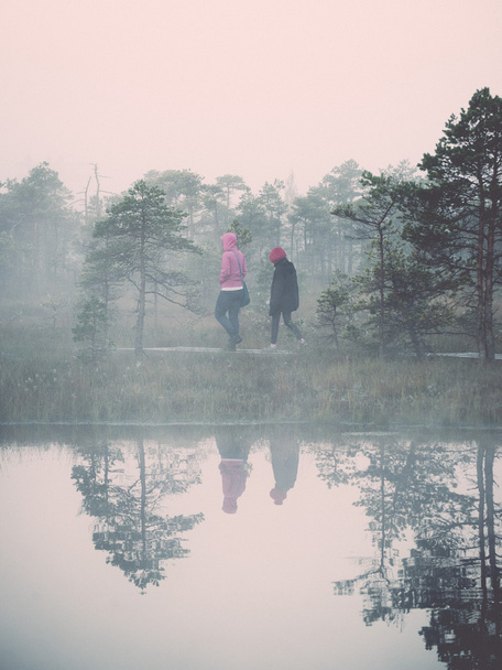 霧の沼湖 - レトロ、ヴィンテージドレスの美しい静かな風景 - 写真・画像
