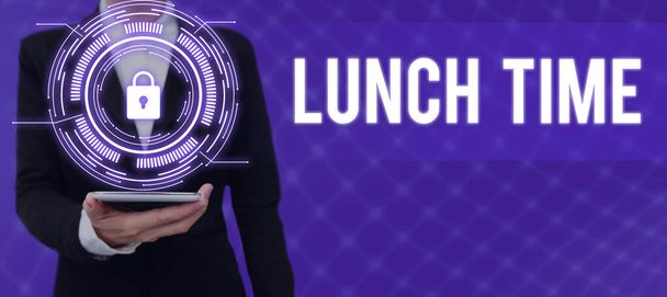 Sign displaying Lunch Time, Business showcase Meal in the middle of the day after breakfast and before dinner Businessman in suit holding open palm symbolizing successful teamwork. - Photo, Image