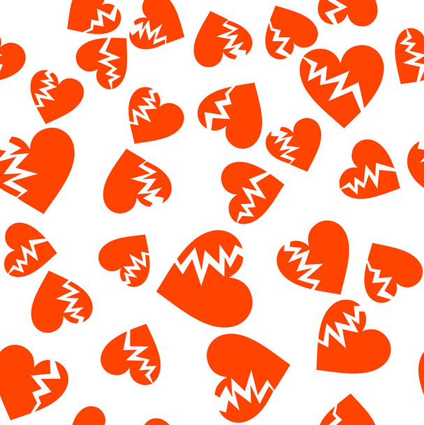 Cracked hearts seamless pattern in red and white colors. Unhappy love concept. Wrapping texture for Valentine day greeting card design. Randomly placed wrecked heart shapes. Vector EPS8 illustration. - Vector, Imagen