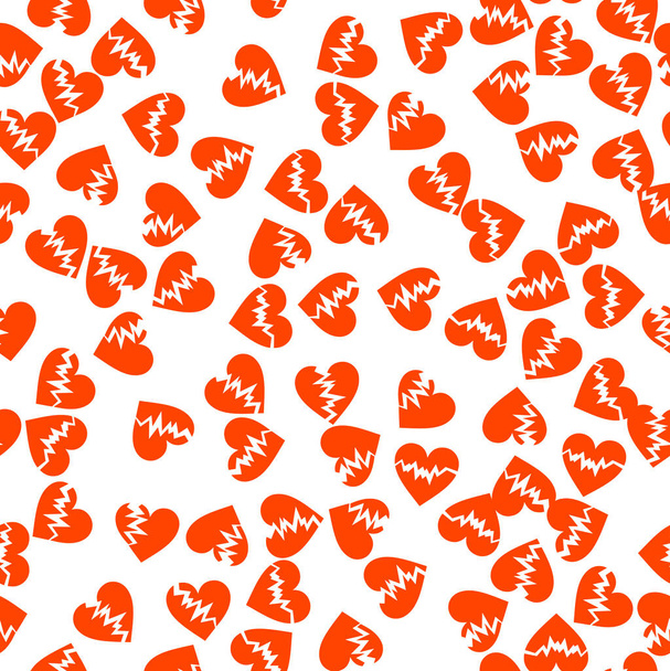 Cracked hearts seamless pattern in lush lava color. Unhappy love concept. Wrapping texture for Valentine day greeting card design. Randomly placed wrecked heart shapes. Vector EPS8 illustration. - Vector, imagen