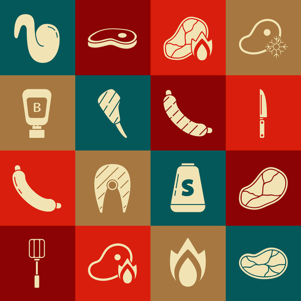 Set Steak meat Knife Grilled steak and fire flame Rib eye Sauce bottle Fried chicken wing and Sausage icon. Vector. - Vector, afbeelding