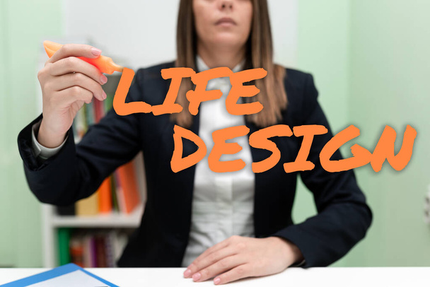 Handwriting text Life Design, Concept meaning balance how you live between work family and entertaining Businesswoman Holding Marker With One Hand And Pointing Important Ideas. - Foto, Bild