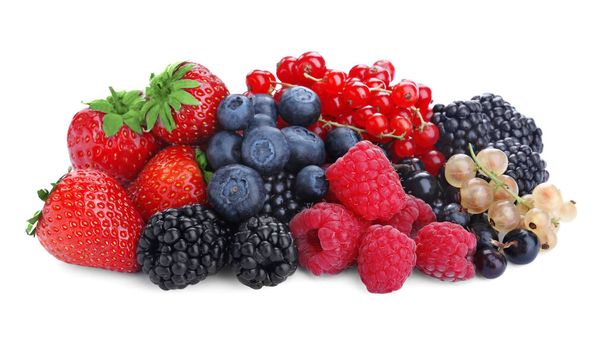 Mix of different fresh berries isolated on white - Photo, Image