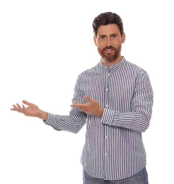 Handsome man gesturing on white background. Weather forecast reporter - Foto, immagini