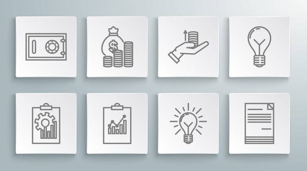 Set line Clipboard with graph chart Money bag and coin Light bulb rays shine concept of idea Document hand and Safe icon. Vector. - ベクター画像