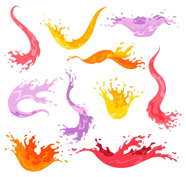 Squirts splashes. Colourful flowing spattering. Splattered pure juice or liquid. Drops various forms of waves. Cartoon illustration with color water splashes. - Vektor, Bild