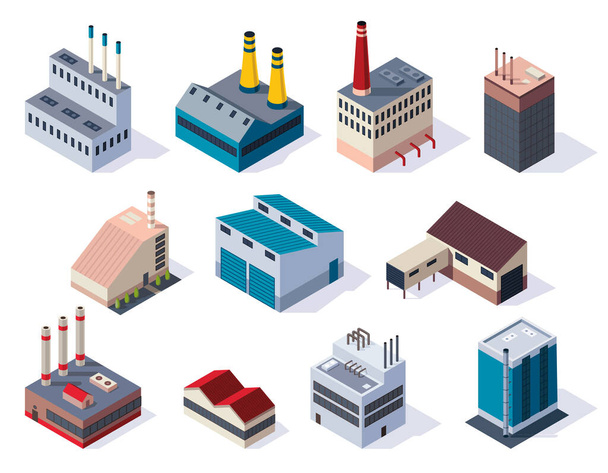 Collection of isometric factories. Concept of industrial working plants with chimney tower or pipes. Industrial buldings. 3d isolated icons set. Architecture of manufactures house. - Vector, imagen