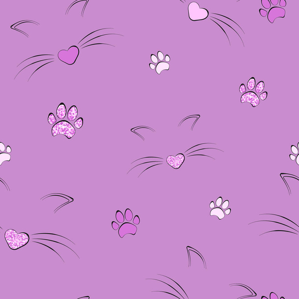 Cat seamless pattern. Foot print, snout and ears. Girly pink glitter pattern. Prints, packaging design, textiles, bedding and wallpaper. - Vektor, kép