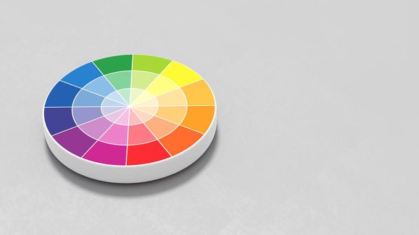 RYB Color Circle 3D Shape on Plastered Light Gray Background with Copy space 3D Illustration - Foto, immagini