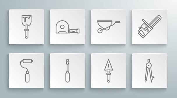 Set line Paint roller brush Roulette construction Screwdriver Trowel Drawing compass Wheelbarrow Chainsaw and Putty knife icon. Vector. - ベクター画像