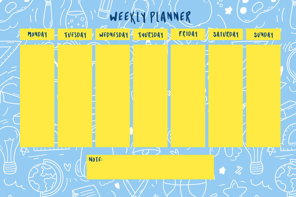 Weekly planner for kids on doodle blue background with school supplies items. Colorful vector illustration for stationary, schedule, list, school timetable, extracurricular activities. - Vektor, Bild