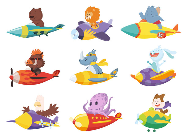 Set of cute baby animals lion, fox and eagle on airplanes. Collection of funny pilots pig, rabbit, elephant, bear and octopus flying on planes. Cartoon vector characters flying on retro transport. - Vector, Imagen