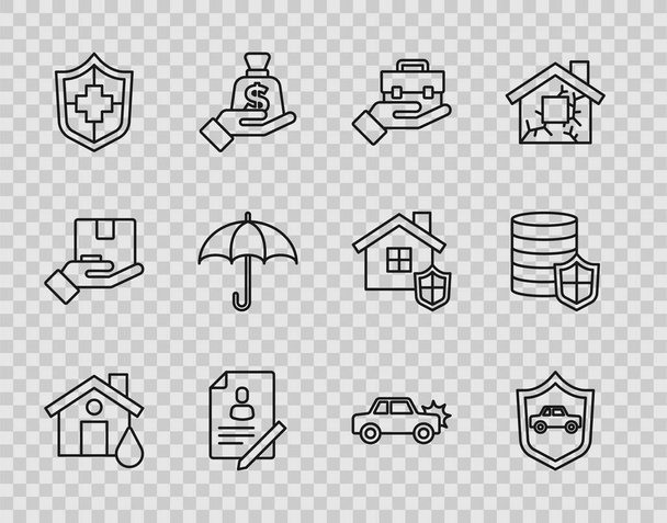 Set line House flood Car with shield Hand holding briefcase Document Life insurance Umbrella and Money icon. Vector. - Wektor, obraz