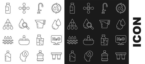 Set line Water filter Chemical formula for H2O drop tap Drop and magnifying glass Bottle of water and Jug with icon. Vector. - Vector, imagen