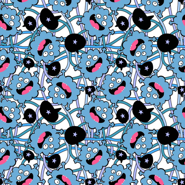 Cartoon monsters aliens seamless kids emoticons pattern for wrapping paper and festive accessories and school notebooks and fabrics and Halloween. High quality illustration - Foto, imagen