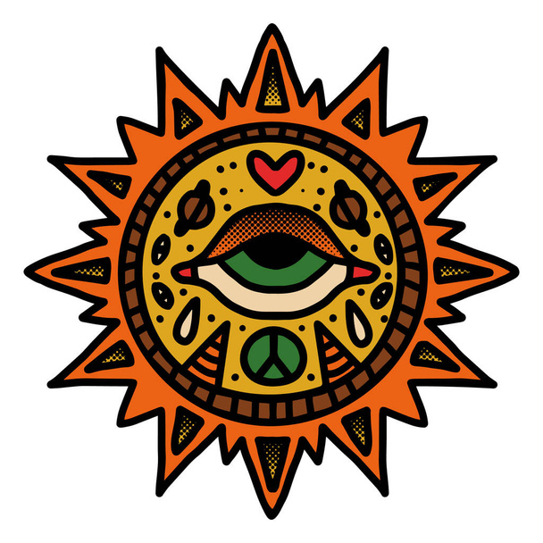 Retro style mandala line art with 70s vibes. Spiritual sun with the third eye in the middle, signs of peace, love, tears, Saturn planets. Concept T-shirt print vector outline illustration. - Vetor, Imagem