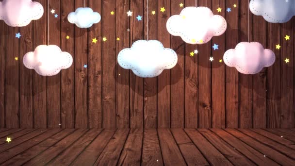 Looped hanging fabric clouds craft and stars on brown wooden texture background with glowing lights effect animation - Video, Çekim