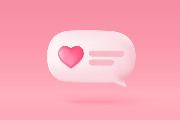 3D Social Media Online-Plattform-Konzept, soziale Online-Kommunikation auf Anwendungen, Fotorahmen mit Herz und Liebe Emoji-Symbol, mögen und spielen in roten Blase 3D-Symbole. 3D-Vektor-Renderkonzept - Vektor, Bild