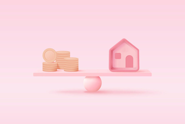 3D money coin compare house on weighing scale, financial investing, money-saving, money exchange with home, financial home loan management concept. 3d property balance vector render in pink background - Vector, Image