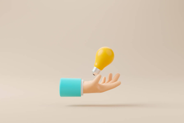 Hand hält Glühbirne auf dem Hintergrund. Denken, kreatives Denken, gute Ideen und Innovationskonzept. 3D-Darstellung - Foto, Bild