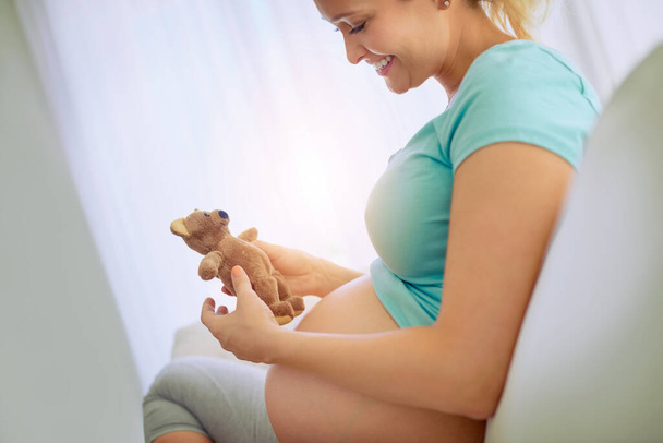 I cant wait for all the sweet memories well make. a pregnant woman holding a teddy bear while relaxing at home - Foto, Bild