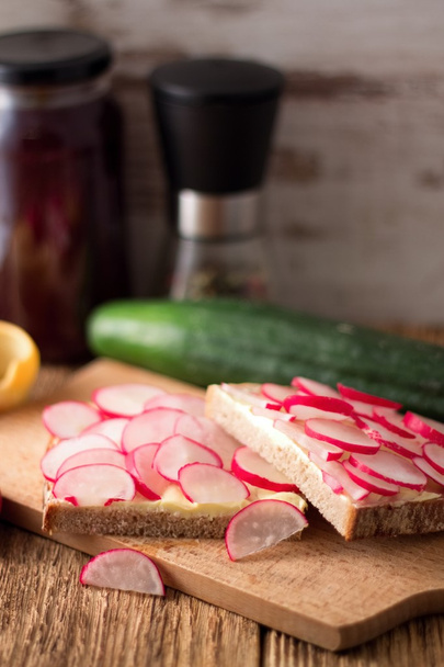 Two slices of bread with radishes - 写真・画像