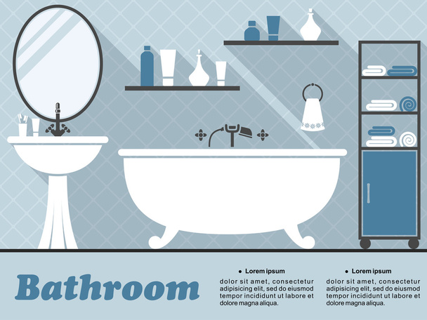 Синий интерьер ванной комнаты в стиле плоской инфографики
 - Вектор,изображение